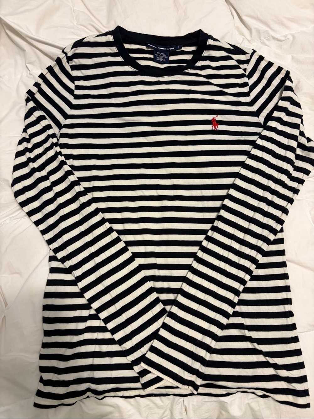 Ralph Lauren Navy and White Striped Long-Sleeve Tee with Red Polo Logo